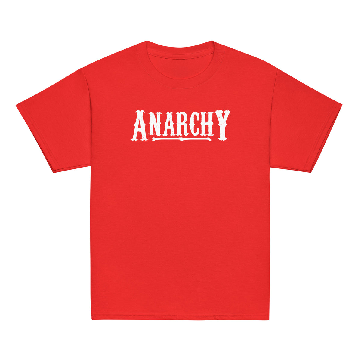 Youth Classic Tee Red classic T-shirt, front view, featuring the Anarchy design