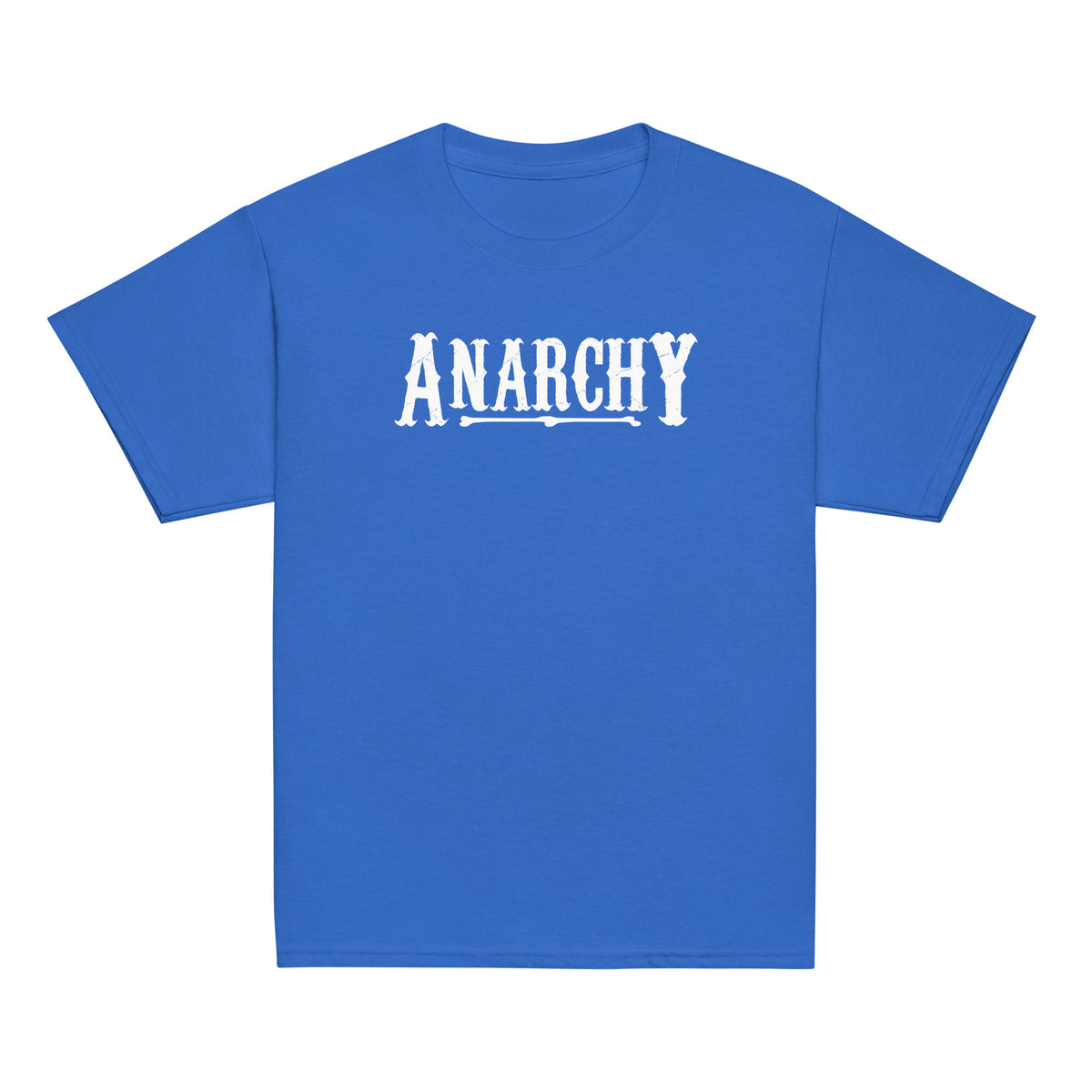 Youth Classic Tee Royal classic T-shirt, front view, featuring the Anarchy design