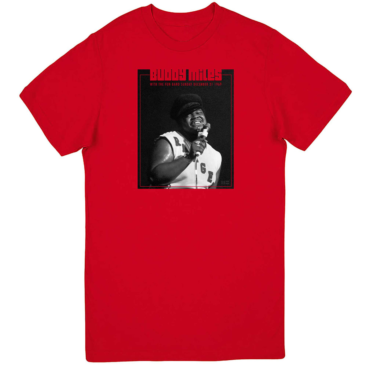 Red T-shirt featuring a black-and-white Buddy Miles performance photograph and red heading.