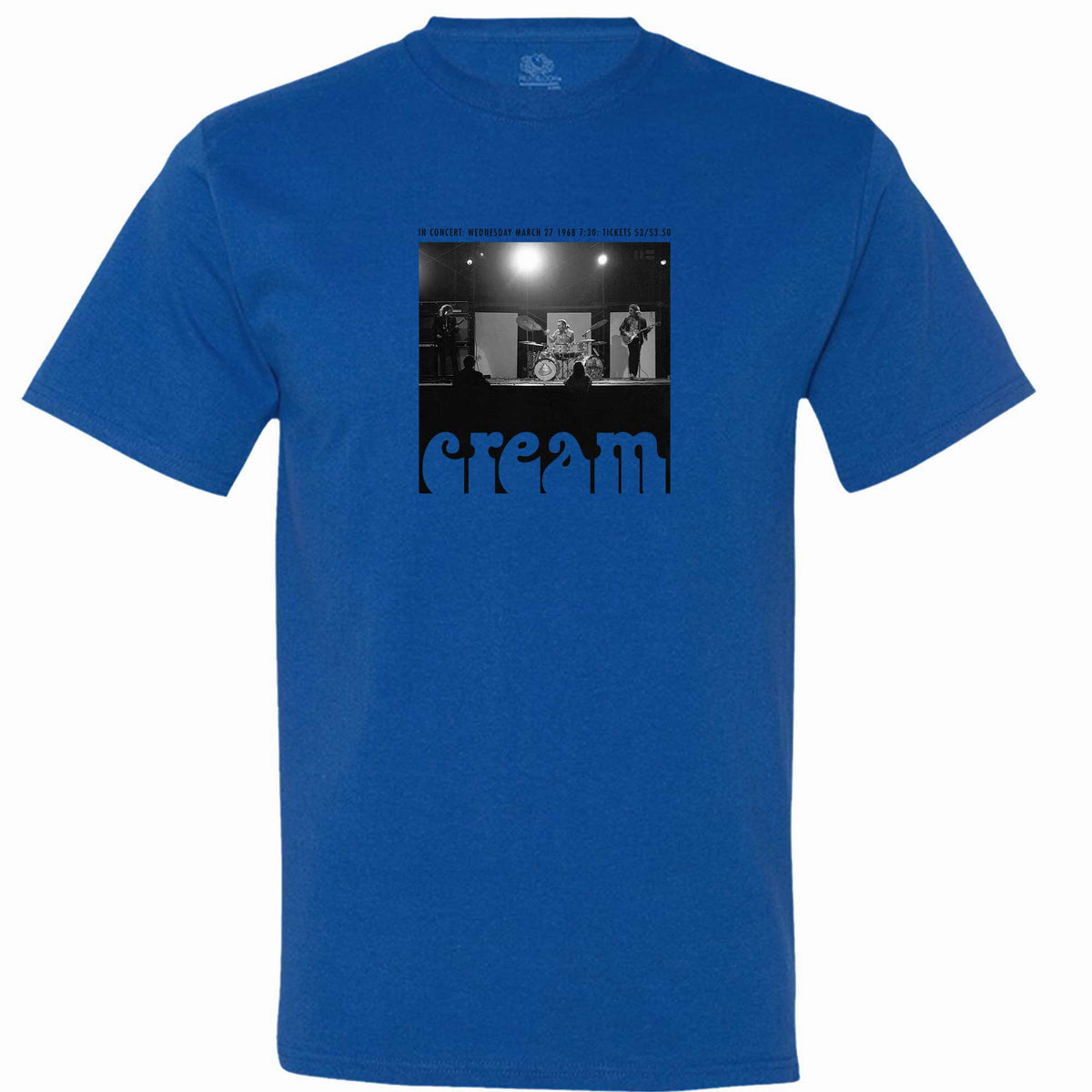 Royal blue T-shirt featuring a black-and-white Cream concert photograph and blue band lettering.