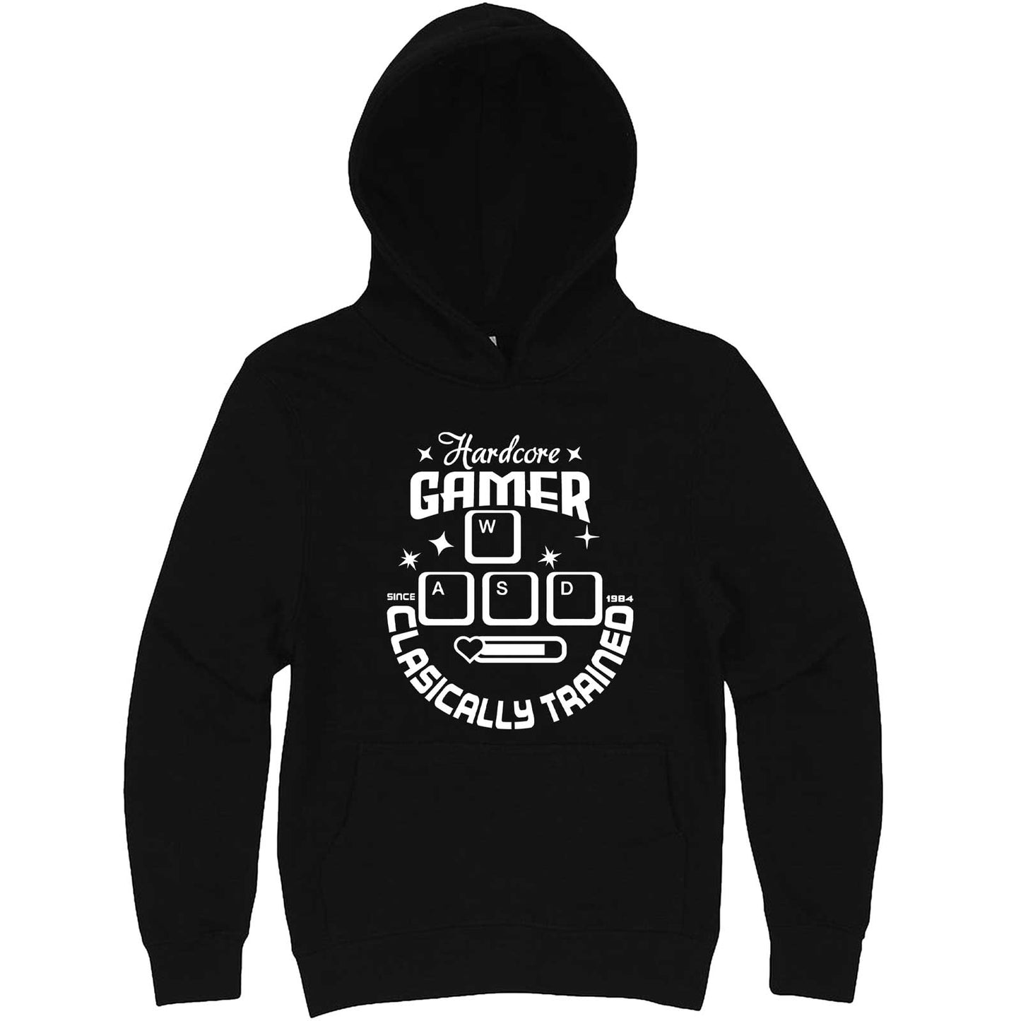 "Hardcore Gamer, Classically Trained" hoodie, 3XL, Black