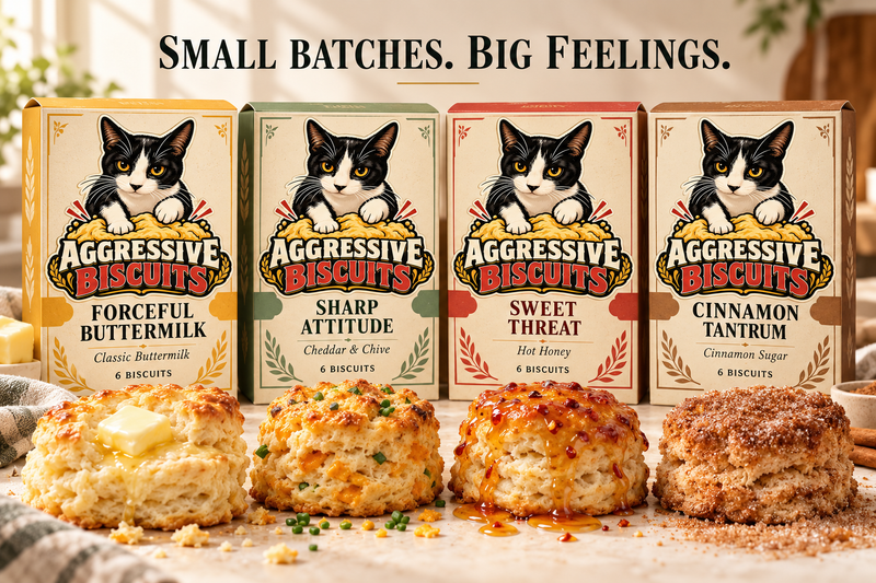 Four Aggressive Biscuits flavors: Forceful Buttermilk, Sharp Attitude, Sweet Threat, and Cinnamon Tantrum.