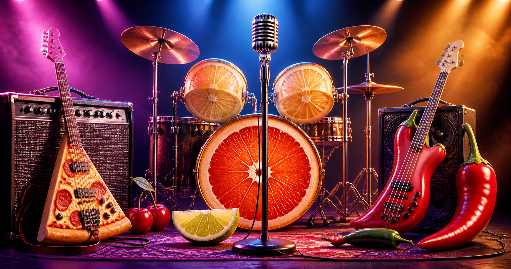 Rock stage where citrus drums, a pizza guitar, and pepper bass create a playful food-themed band