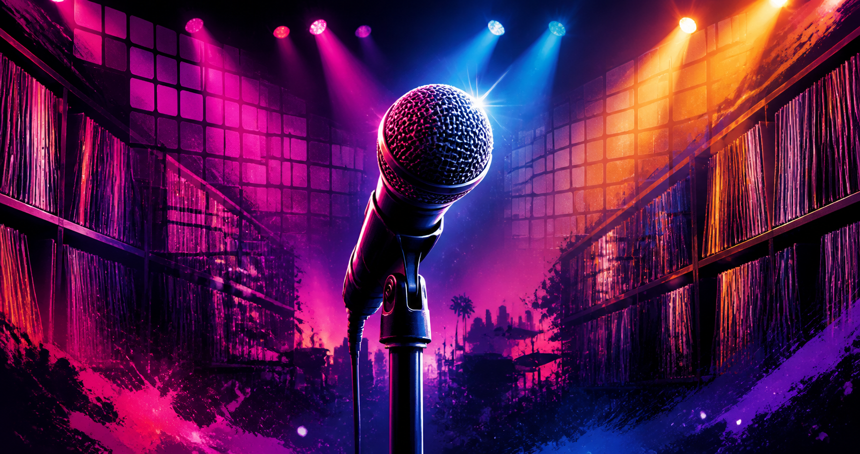 Microphone surrounded by record shelves in vivid magenta, blue, and amber concert lighting
