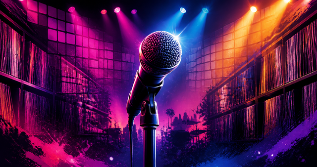 Microphone and colorful stage lighting for a week of live music, karaoke and DJ nights around Los Angeles