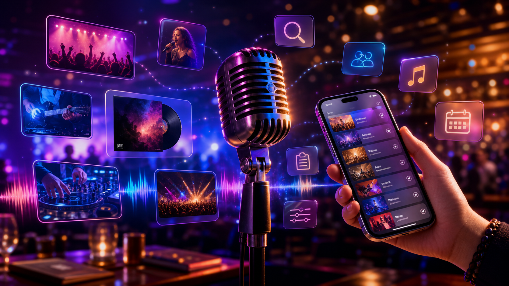 A microphone surrounded by music discovery, event planning, and shareable song book interface elements