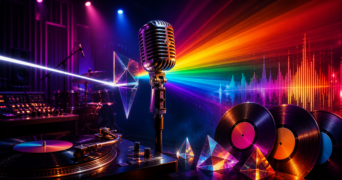 Vintage microphone, records, and audio waveforms illuminated by a vivid spectrum of colored light
