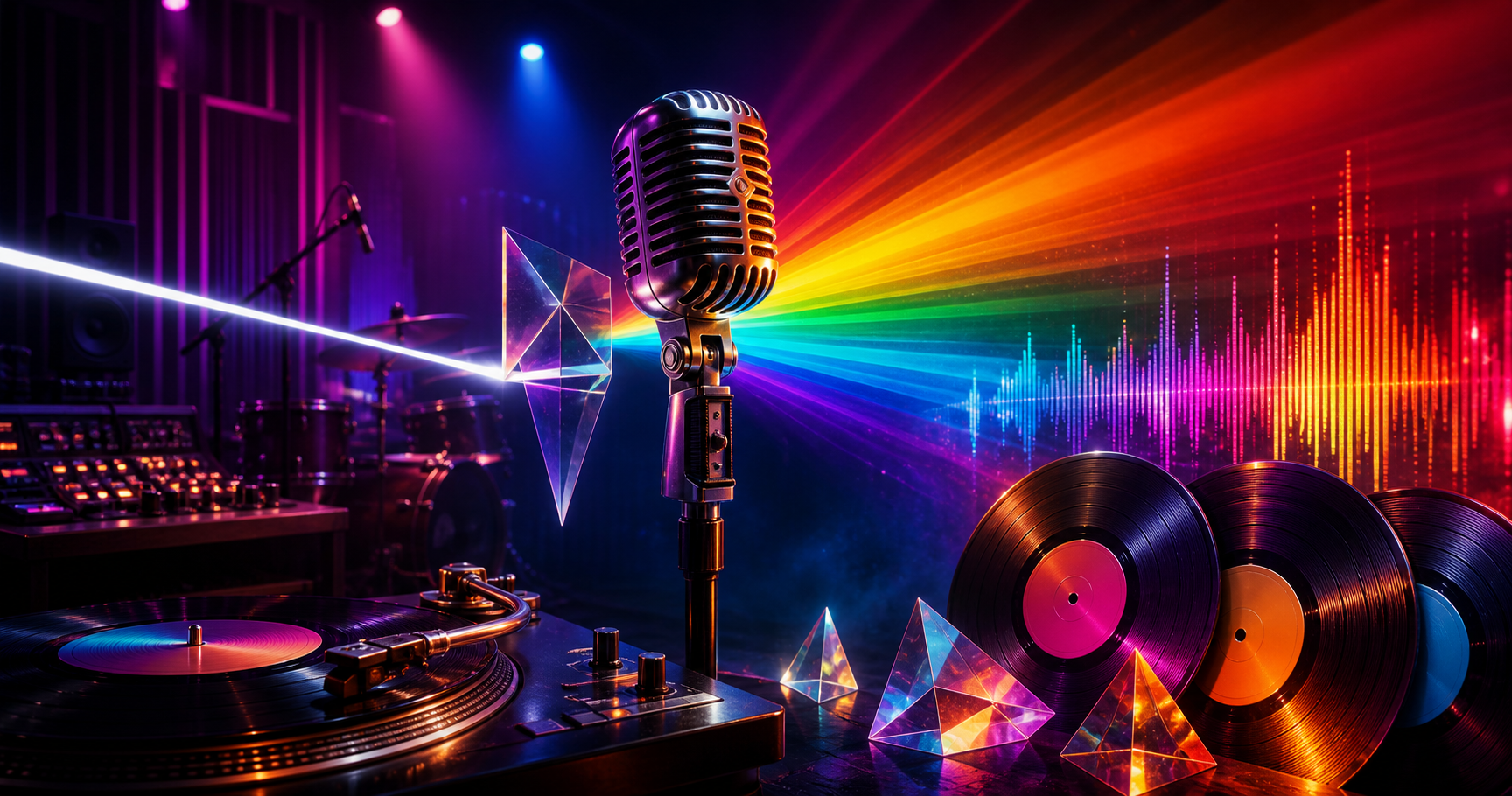 Vintage microphone, records, and audio waveforms illuminated by a vivid spectrum of colored light