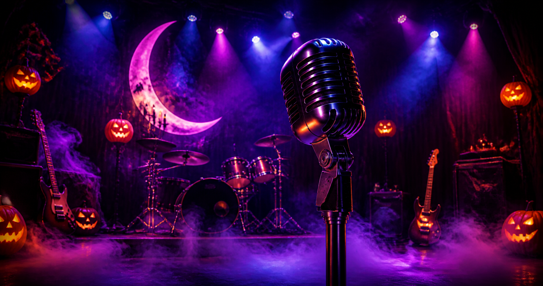 Vintage microphone on a Halloween rock stage with violet fog, pumpkins, guitars, and a crescent moon