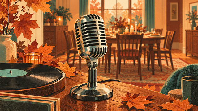 Vintage microphone and vinyl record surrounded by autumn leaves beside a Thanksgiving gathering table