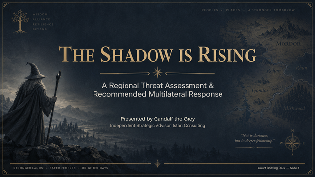 Gandalf presenting The Shadow Is Rising, a regional threat assessment for Middle-earth