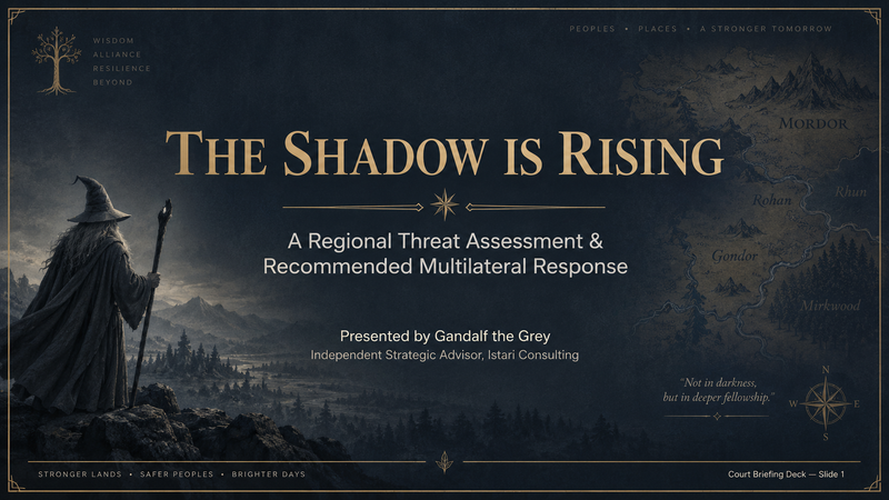 Gandalf presenting The Shadow Is Rising, a regional threat assessment for Middle-earth