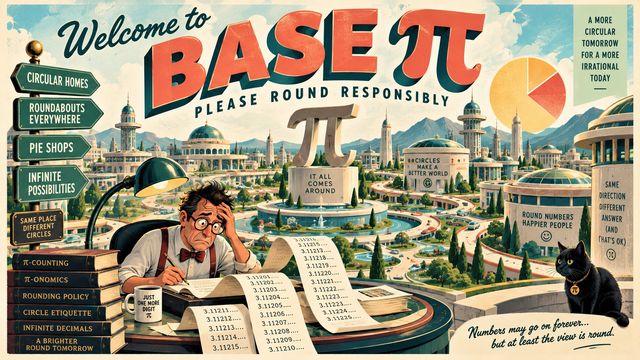 Welcome to Base Pi: retro imaginary circular city, a monument to π, and an accountant drowning in decimal paperwork