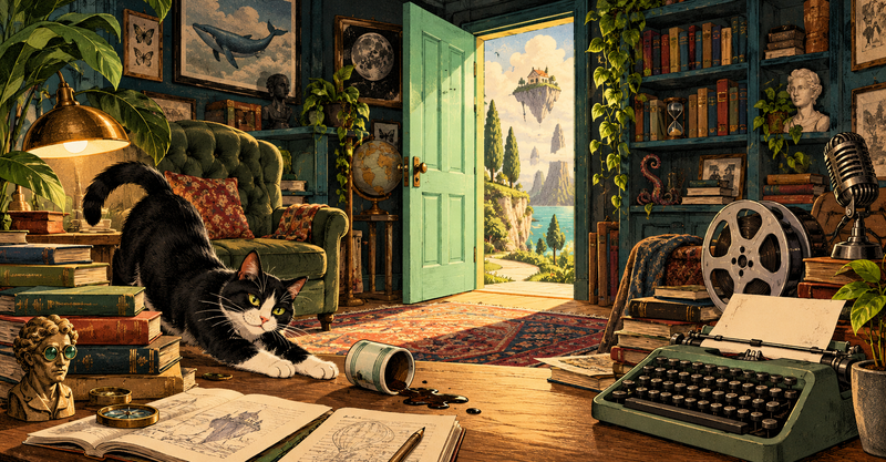 Editorial illustration: An inviting eccentric editorial reading room, with a mint-green open door, books, a film reel, a microphone, and a mischievous cat.