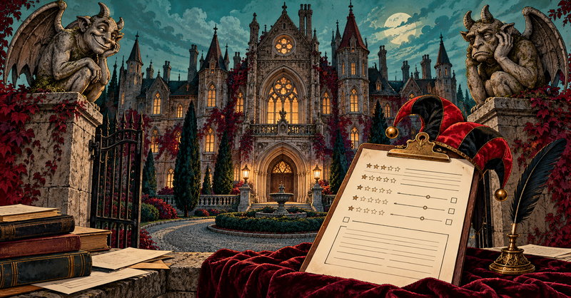 Illustration of a gothic institution entrance, gargoyles, and a red-and-black jester hat resting on a customer-review clipboard.