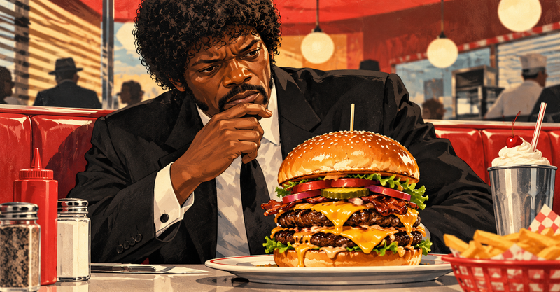 Editorial illustration: A stylish fictional hitman in a dark suit, examining a giant gourmet burger in a retro diner, philosophical intensity applied to fast food.