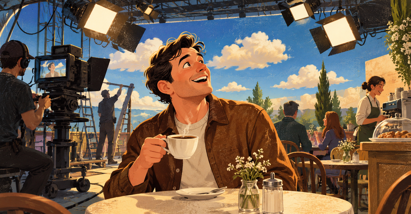 Editorial illustration: A cheerful man discovering a coffee shop is a brightly lit television set, with a coffee cup, stage lights and painted artificial sky.