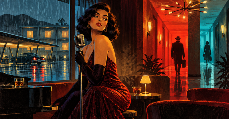 Editorial illustration: A soulful lounge singer at a rain-soaked mid-century roadside hotel, velvet lounge, microphone and dramatic split-color corridor.