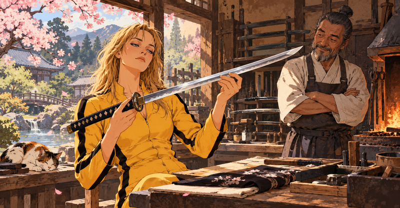 Editorial illustration: A yellow-clad wandering swordswoman inspecting a handmade katana at a peaceful Japanese swordsmith workshop.