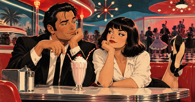 Editorial illustration: A suave fictional couple at an extravagant 1950s-themed diner, milkshake and dancing shoes under neon, amused and skeptical.