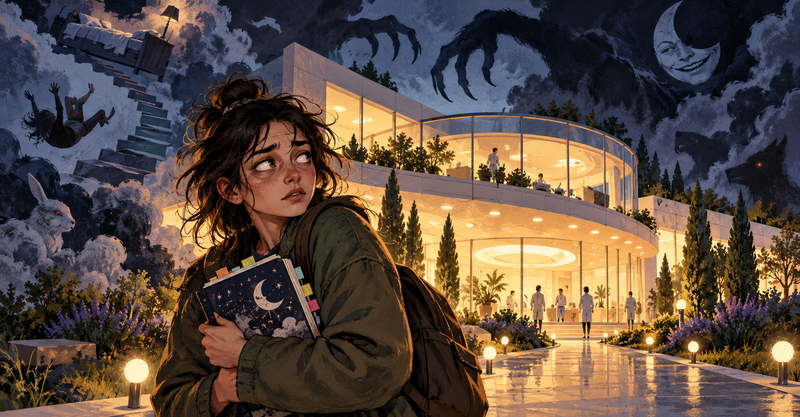 Editorial illustration: A tired young woman with a dream journal outside a suspiciously cheerful sleep-research institute.