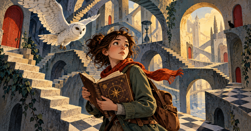 Editorial illustration: A teenage adventurer with a storybook navigating an impossible whimsical labyrinth, an elegant white owl and crooked stairways.