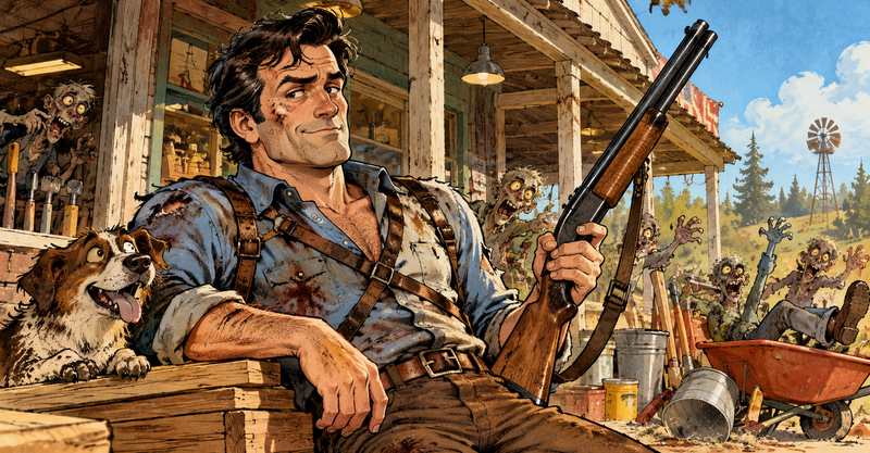 Editorial illustration: A battered comic-horror adventurer with a wood-handled shotgun and raised eyebrow outside a rustic hardware store.