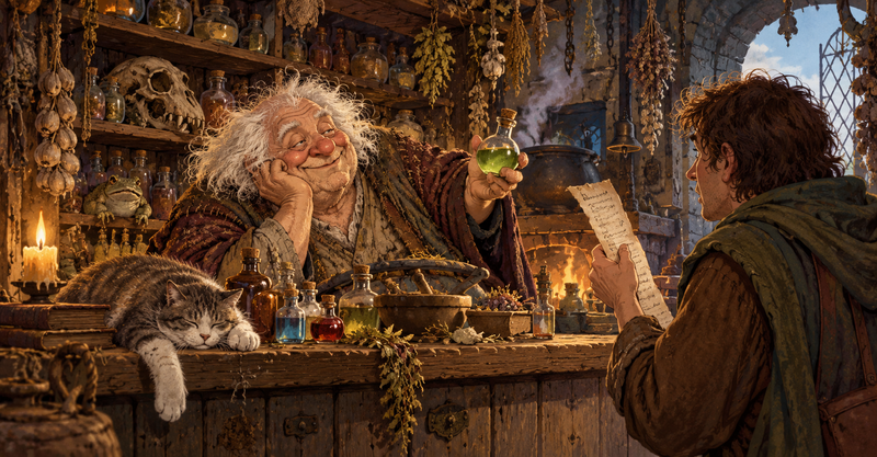Editorial illustration: A humble medieval miracle shop with a comically overstuffed elderly wizard, bellows, potion bottles and a customer holding a receipt.