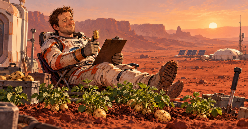 Editorial illustration: A resourceful fictional astronaut reviewing a space agency from a tiny potato garden on Mars, distant home planet and clipboard.