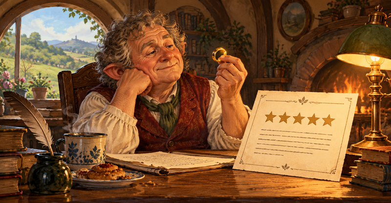 Editorial illustration: A cozy older hobbit contemplating a golden ring at a writing desk, with an overly formal customer-review card and warm lamplight.