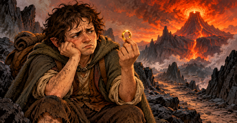 Editorial illustration: A weary young hobbit giving a suspicious golden ring a skeptical customer-review stare, on a rocky volcanic path.