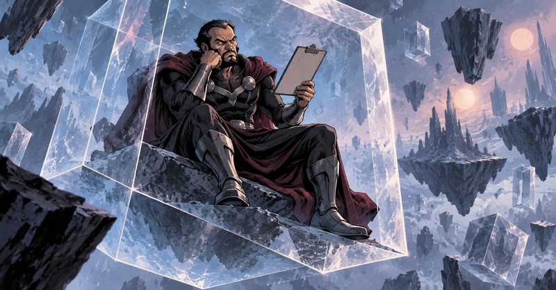 Editorial illustration: A stern caped alien general trapped in a floating transparent prison prism, angrily evaluating the amenities with an empty clipboard.