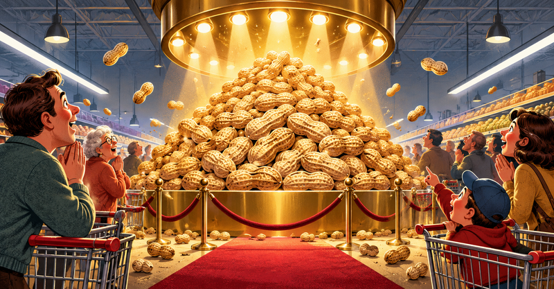 Editorial illustration: An exaggerated grocery-store peanut promotion, a mountain of peanuts under a lavish retail spotlight.
