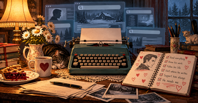 Editorial illustration: An ominously tidy fan desk with a vintage typewriter, browser search window silhouettes, and an unsettlingly enthusiastic handwritten notebook.