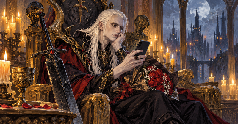 Editorial illustration: A pale white-haired fantasy emperor with an oversized dark sword attempting a dating profile in a candlelit throne room, awkward romantic flowers.