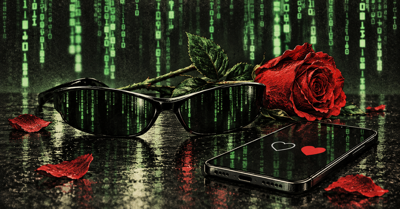 Illustration of black sunglasses, a red rose, and a smartphone against cascading green computer-code patterns.