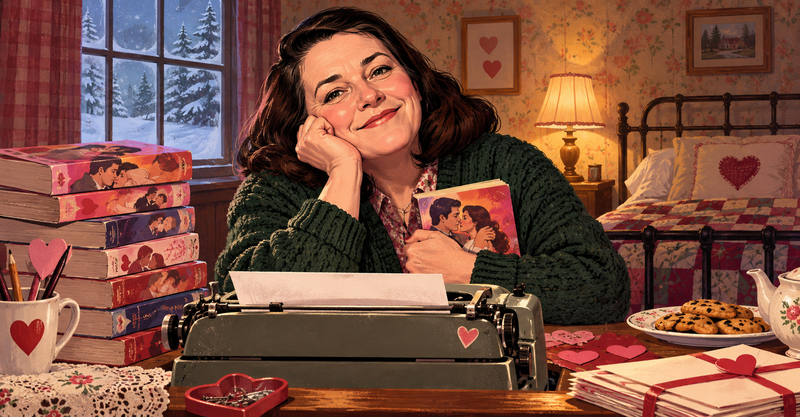 Editorial illustration: A relentlessly cheerful fictional obsessive fan posing beside a typewriter and a stack of romance novels, dating-profile heart motifs and ominous domestic tidiness.
