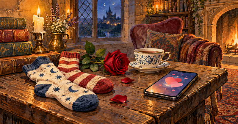 Illustration of mismatched socks, a rose, and a smartphone with heart symbols on a wooden table in a magical castle room.