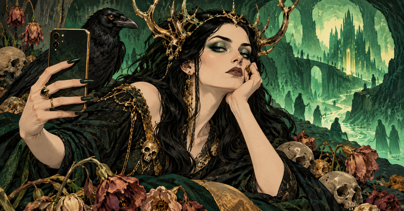 Editorial illustration: A regal dark-haired antler-crowned goddess of death giving an unimpressed dating-profile pose, wilted flowers and dramatic emerald shadows.