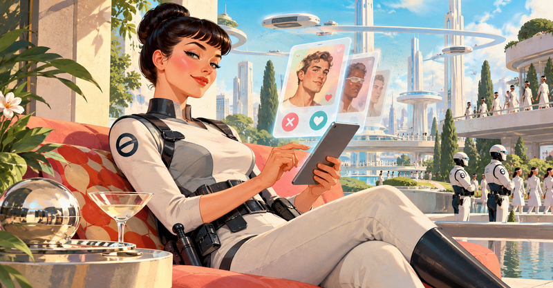 Editorial illustration: A confident futuristic policewoman preparing a dating profile amid a pristine but absurdly rule-bound utopian city.