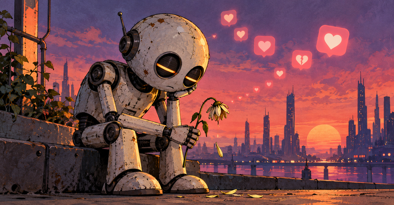 Editorial illustration: A depressed round-headed science-fiction robot holding a wilted flower beneath floating dating-app hearts, melancholy comic timing.
