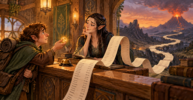 Editorial illustration: A golden magical ring being returned at a cozy fantasy customer-service counter, absurdly long receipt curling toward a distant volcano.