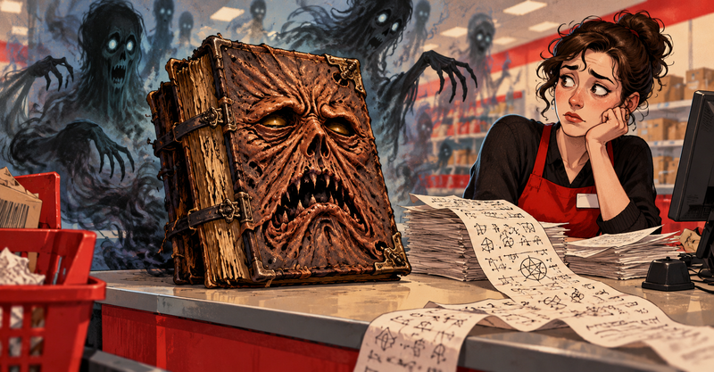 Editorial illustration: A sinister ancient book with a leathery face-like cover at a cheerful returns counter, absurd paperwork and ghostly shadows.