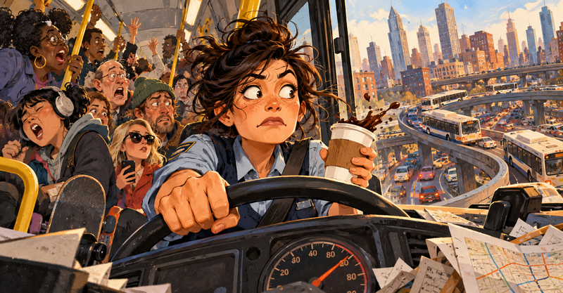 Editorial illustration: A frazzled female city-bus driver reviewing an overcrowded urban transit bus, speedometer, coffee and tangled downtown streets.