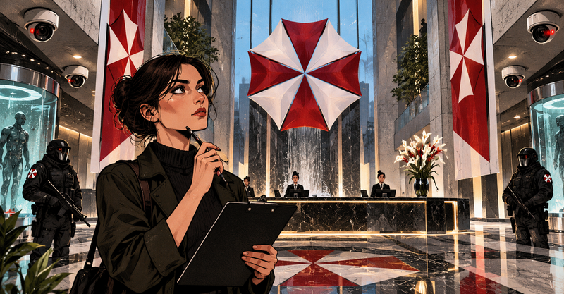 Editorial illustration: A determined fictional woman inspecting a pristine sinister biotech lobby, red-white abstract umbrellas and security cameras.