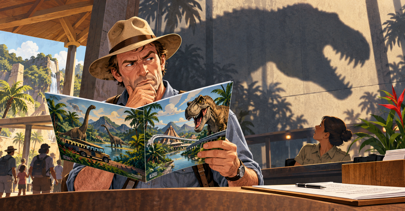 Editorial illustration: A skeptical paleontologist reviewing a spectacular dinosaur park brochure while an enormous dinosaur shadow looms over the customer-feedback desk.