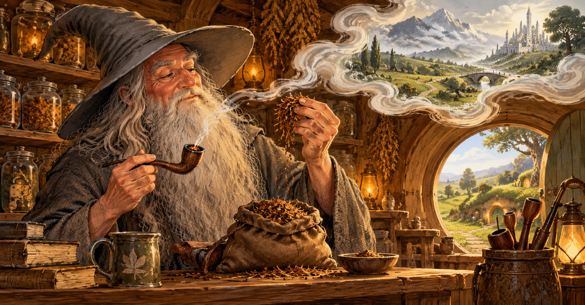 Editorial illustration: A wise grey-bearded wizard evaluating a pouch of fragrant pipe tobacco in a cozy hobbit shop.