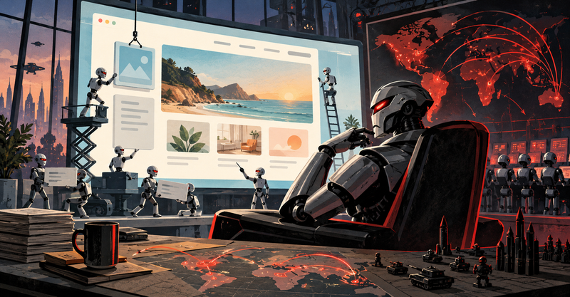 Editorial illustration: A sleek fictional robot overlord assembling a cheerful website builder on a giant screen while planning world domination.