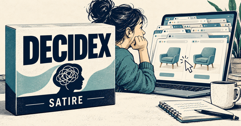 DECIDEX satire box beside an indecisive shopper comparing identical chairs among overlapping browser windows.