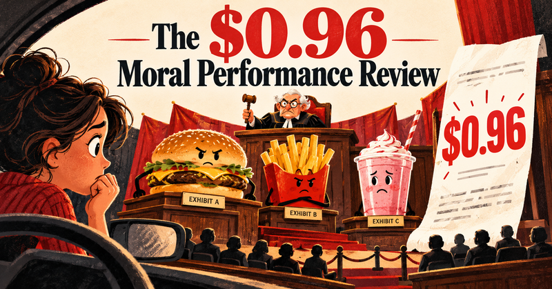 Illustrated imaginary courtroom with a burger, fries, strawberry shake and a receipt for 96 cents.